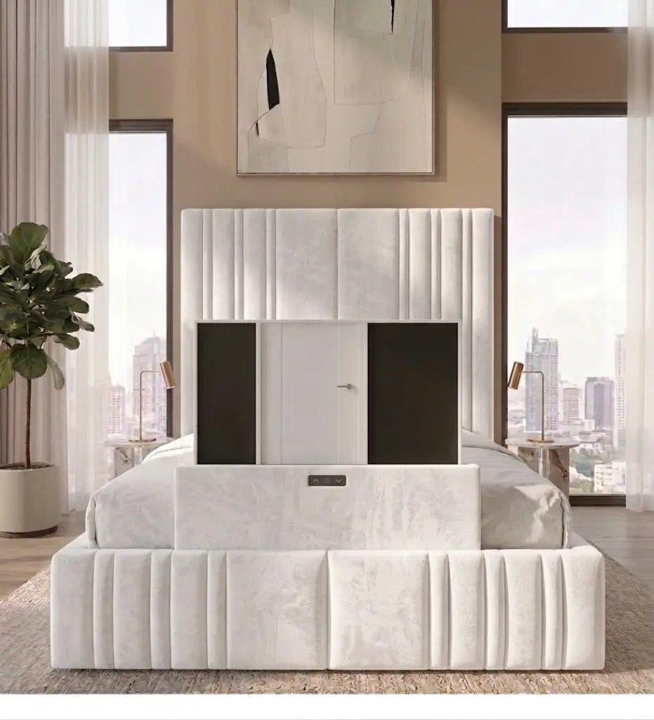 Manhattan TV Bed Frame – Luxury Upholstered TV Bed | Single, Double, Queen & King Size | Modern Entertainment Bed with Built-In TV Feature