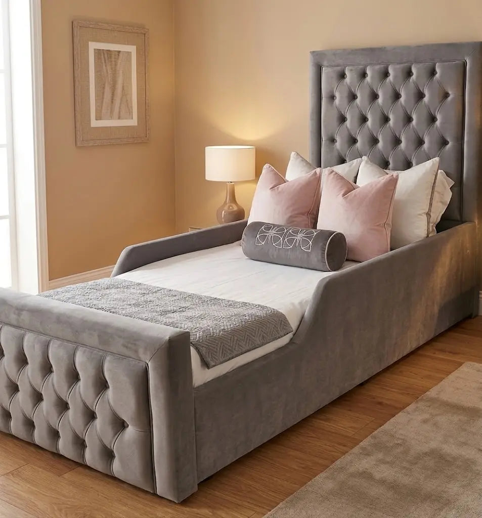 Kids Bed – Stylish Upholstered Bed Frame | Single, Double, Queen & King Size | Comfortable Padded Headboard & Modern Children’s Bedroom Furniture