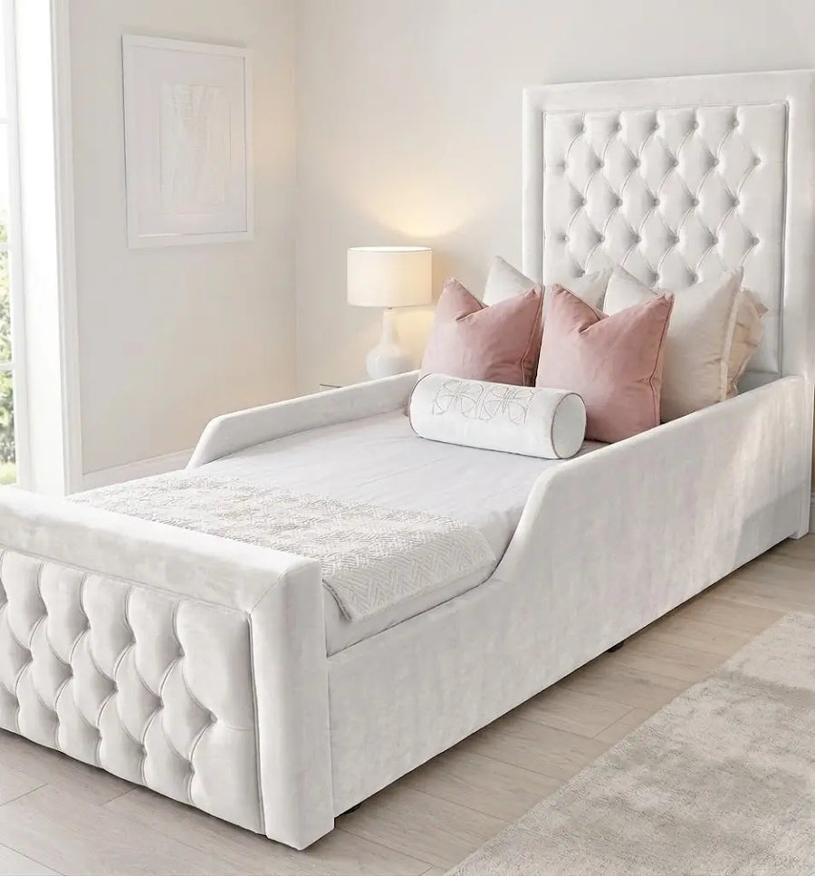 Kids Bed – Stylish Upholstered Bed Frame | Single, Double, Queen & King Size | Comfortable Padded Headboard & Modern Children’s Bedroom Furniture