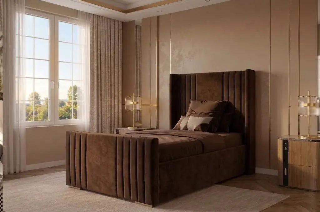 Manhattan Line Bed – Modern Upholstered Bed Frame | Single, Double, Queen & King Size | Premium Fabric Bedroom Furniture