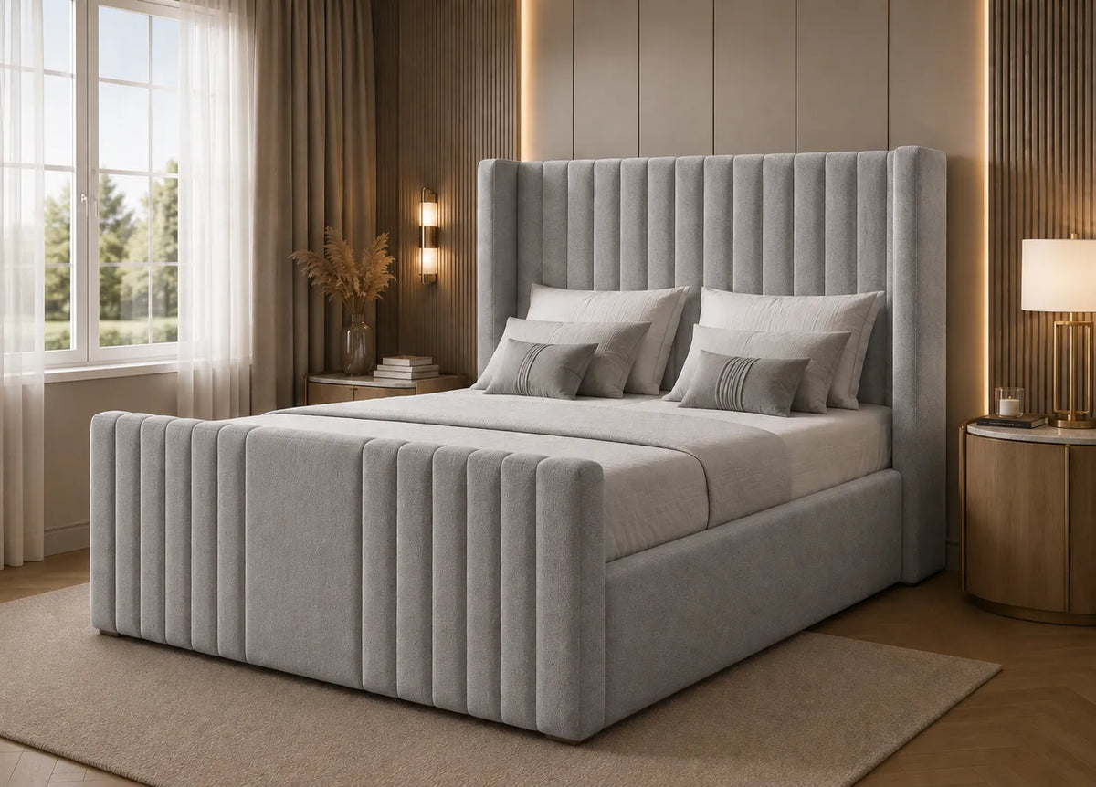 Manhattan Line Bed – Modern Upholstered Bed Frame | Single, Double, Queen & King Size | Premium Fabric Bedroom Furniture
