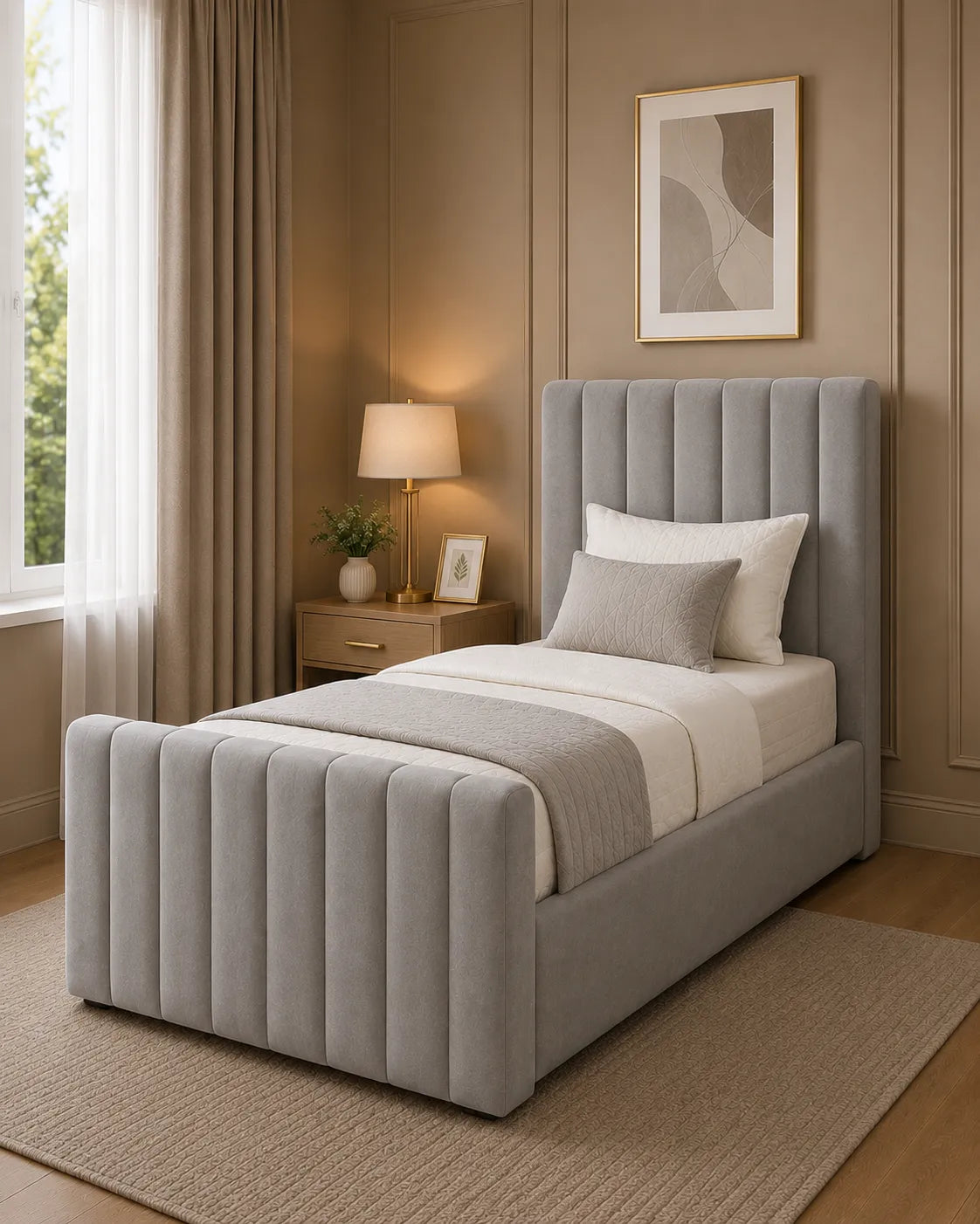 Manhattan Line Bed – Modern Upholstered Bed Frame | Single, Double, Queen & King Size | Premium Fabric Bedroom Furniture