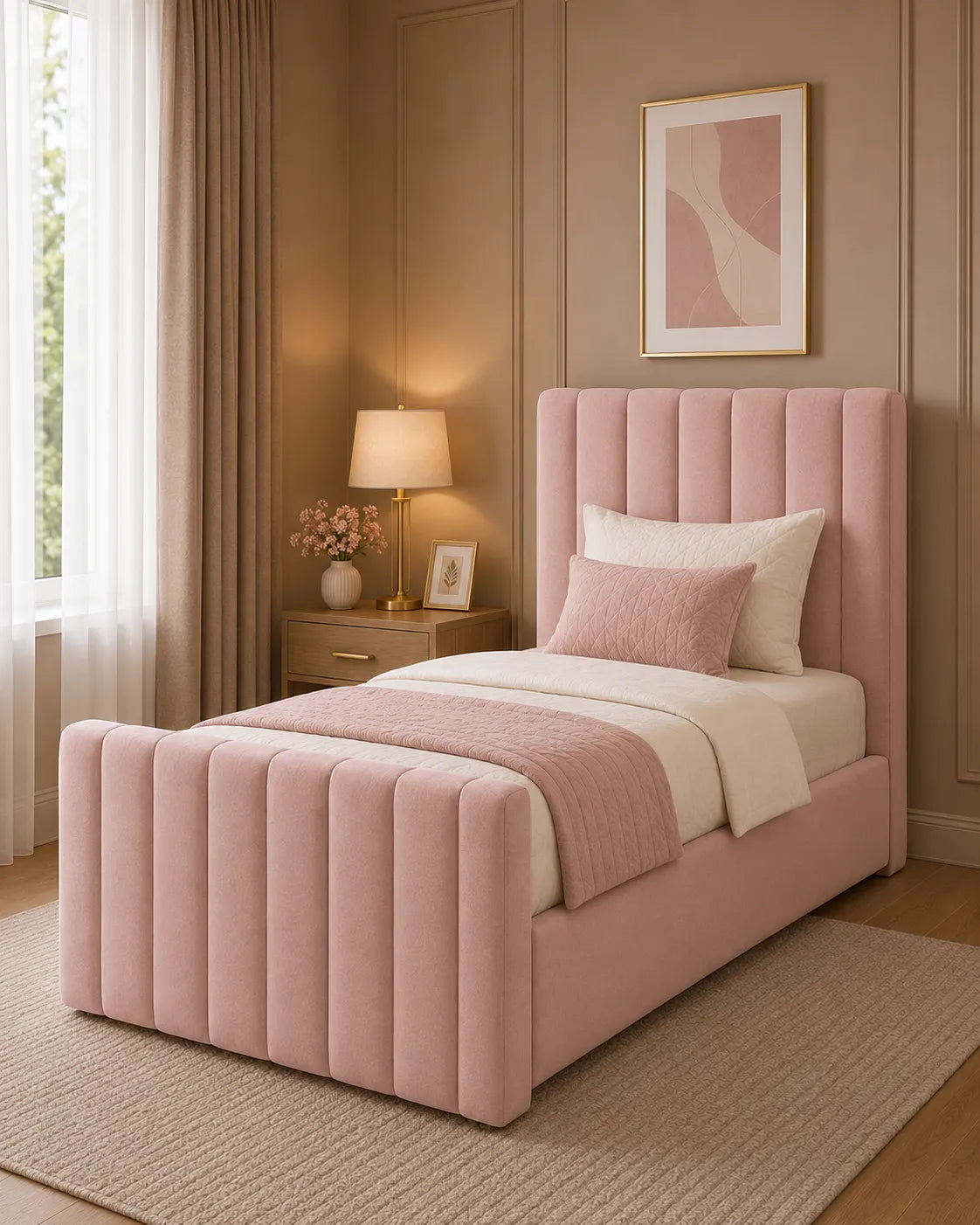 Manhattan Line Bed – Modern Upholstered Bed Frame | Single, Double, Queen & King Size | Premium Fabric Bedroom Furniture