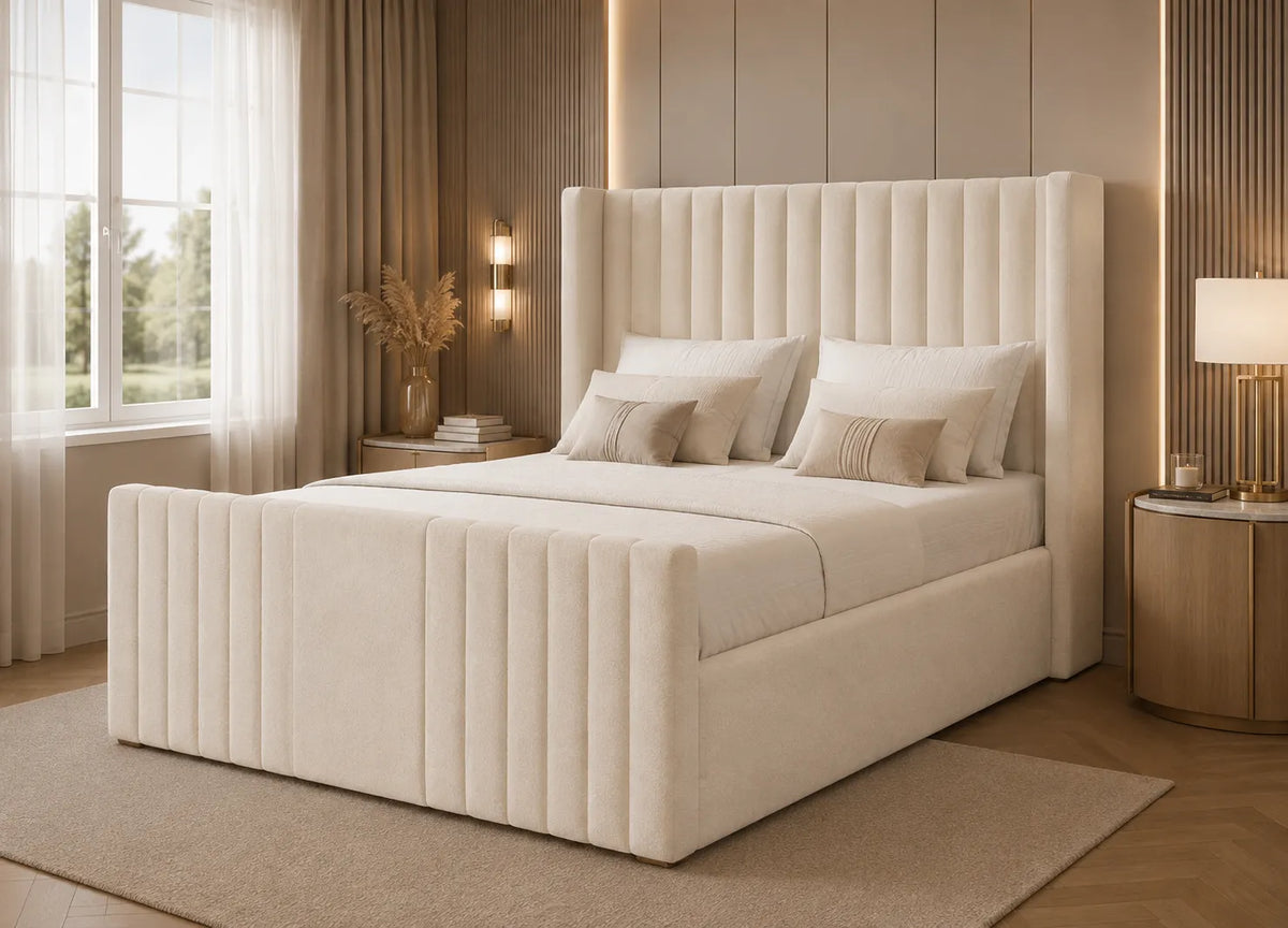 Manhattan Line Bed – Modern Upholstered Bed Frame | Single, Double, Queen & King Size | Premium Fabric Bedroom Furniture