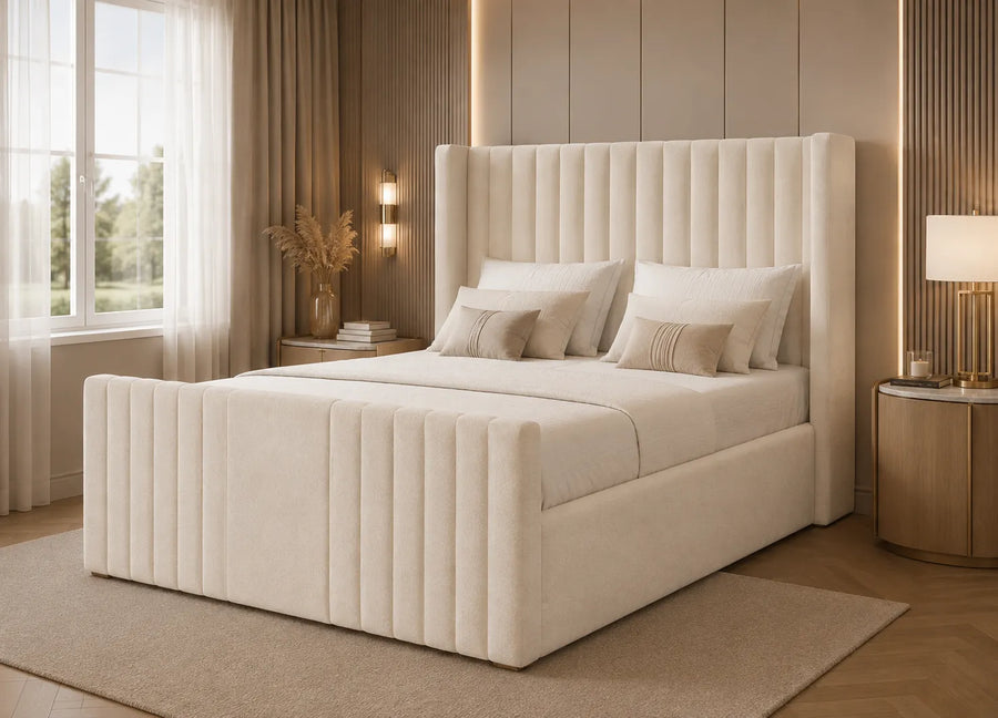 Manhattan Line Bed – Modern Upholstered Bed Frame | Single, Double, Queen & King Size | Premium Fabric Bedroom Furniture