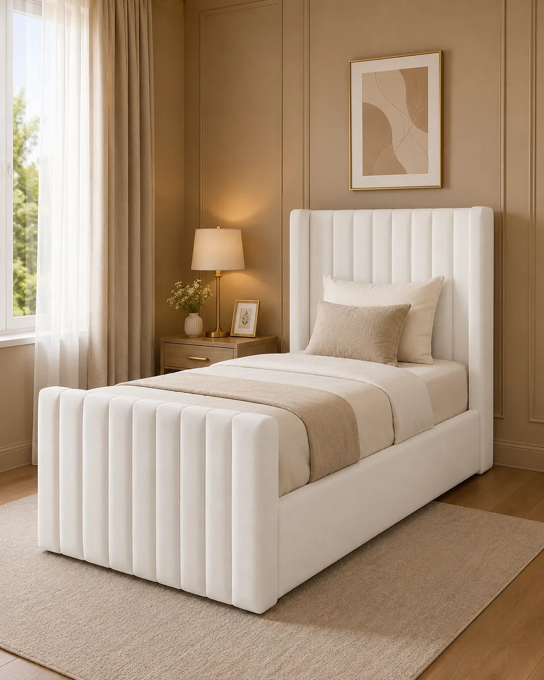 Manhattan Line Bed – Modern Upholstered Bed Frame | Single, Double, Queen & King Size | Premium Fabric Bedroom Furniture