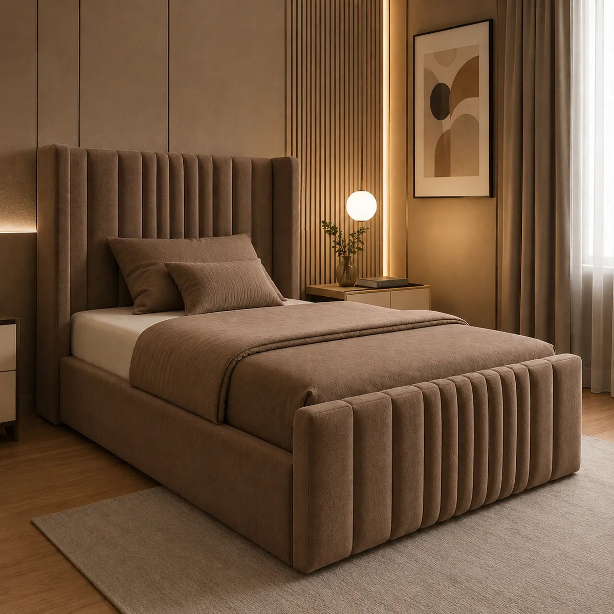 Manhattan Wing Bed – Modern Upholstered Bed with Wingback Headboard | Single, Double, Queen & King Size | Premium Bedroom Furniture