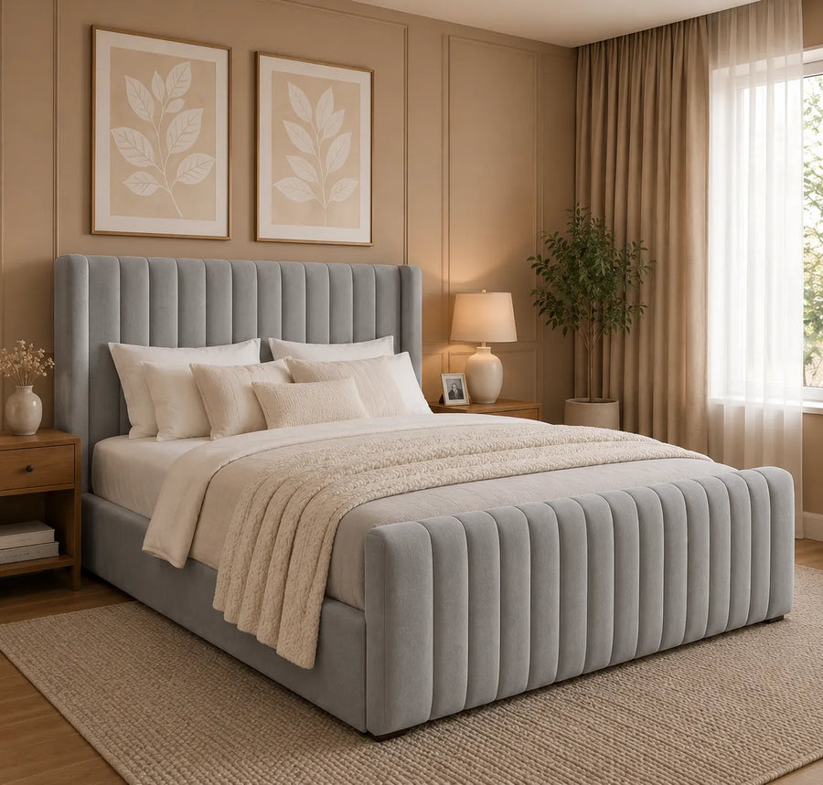 Miami Valentino Bed – Premium Fabric Bed with Statement Headboard | Single, Double, Queen & King Size | Modern Bedroom Furniture