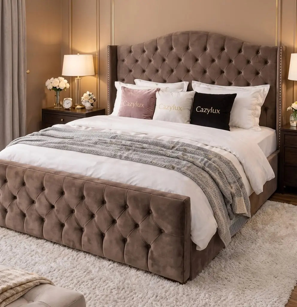Monte Carlo Wing Bed – Luxury Wingback Upholstered Bed Frame | Single, Double, Queen & King Size | Premium Fabric Headboard & Elegant Bedroom Furniture