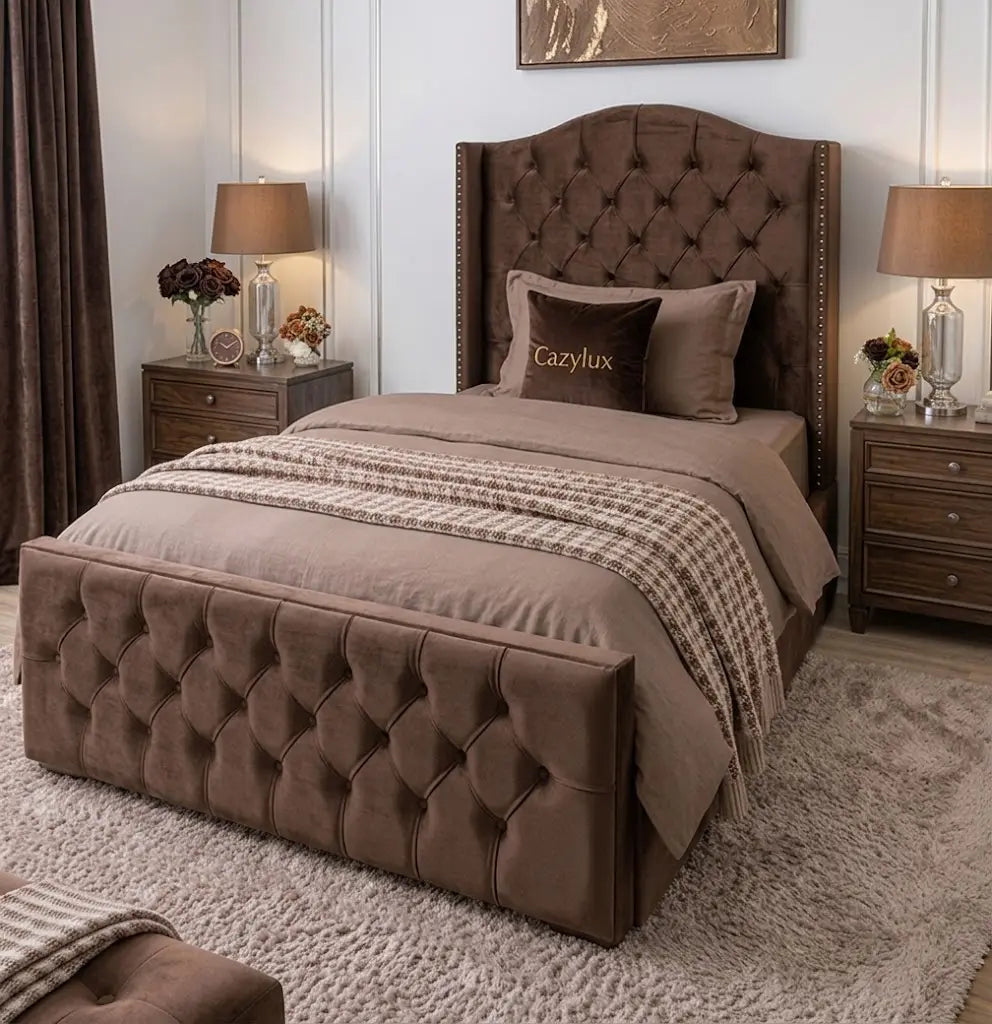 Monte Carlo Wing Bed – Luxury Wingback Upholstered Bed Frame | Single, Double, Queen & King Size | Premium Fabric Headboard & Elegant Bedroom Furniture
