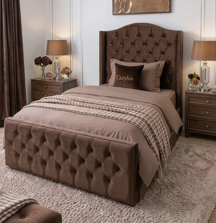 Monte Carlo Wing Bed – Luxury Wingback Upholstered Bed Frame | Single, Double, Queen & King Size | Premium Fabric Headboard & Elegant Bedroom Furniture