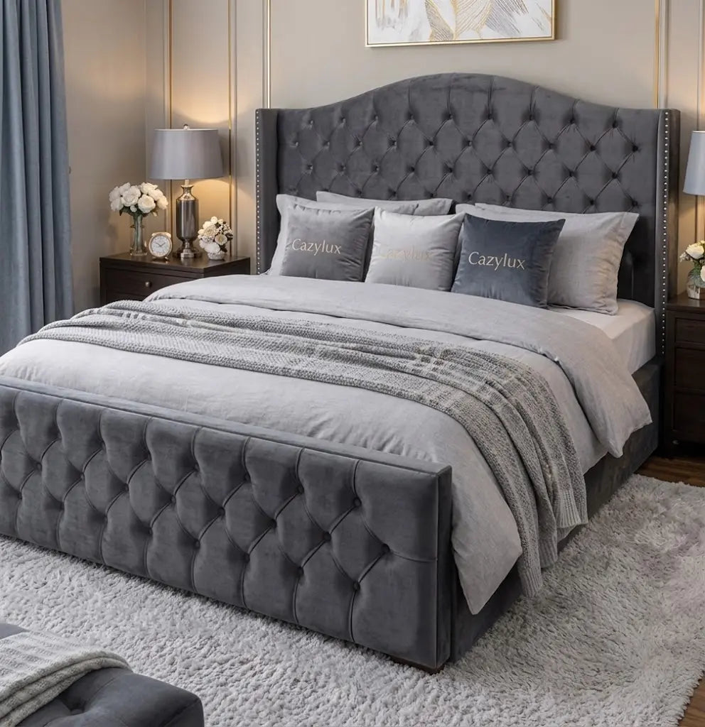 Monte Carlo Wing Bed – Luxury Wingback Upholstered Bed Frame | Single, Double, Queen & King Size | Premium Fabric Headboard & Elegant Bedroom Furniture