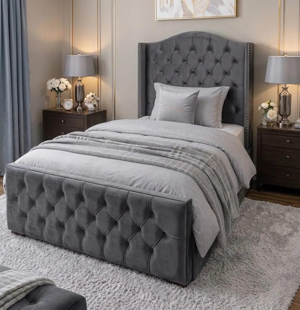 Monte Carlo Wing Bed – Luxury Wingback Upholstered Bed Frame | Single, Double, Queen & King Size | Premium Fabric Headboard & Elegant Bedroom Furniture