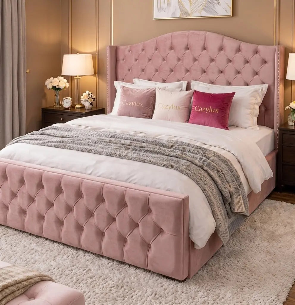 Monte Carlo Wing Bed – Luxury Wingback Upholstered Bed Frame | Single, Double, Queen & King Size | Premium Fabric Headboard & Elegant Bedroom Furniture