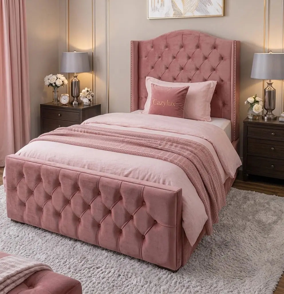 Monte Carlo Wing Bed – Luxury Wingback Upholstered Bed Frame | Single, Double, Queen & King Size | Premium Fabric Headboard & Elegant Bedroom Furniture
