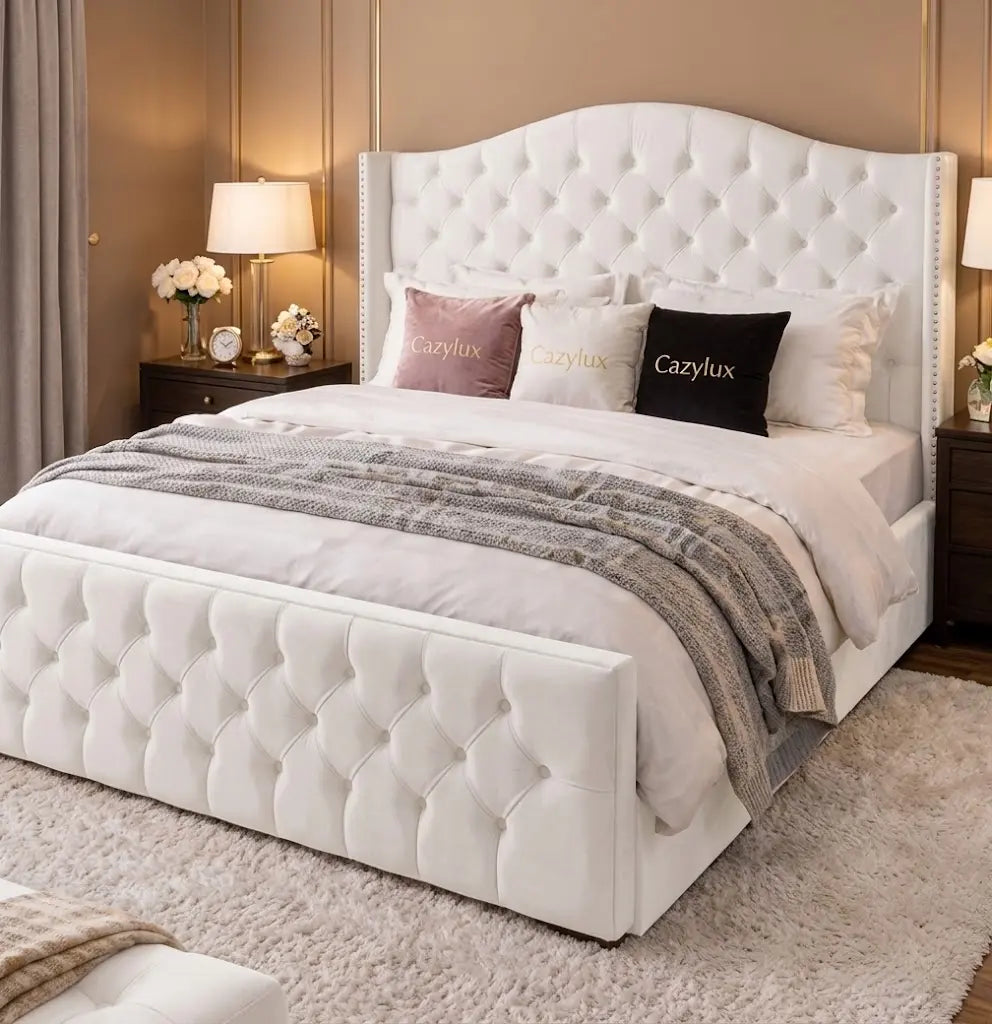 Monte Carlo Wing Bed – Luxury Wingback Upholstered Bed Frame | Single, Double, Queen & King Size | Premium Fabric Headboard & Elegant Bedroom Furniture