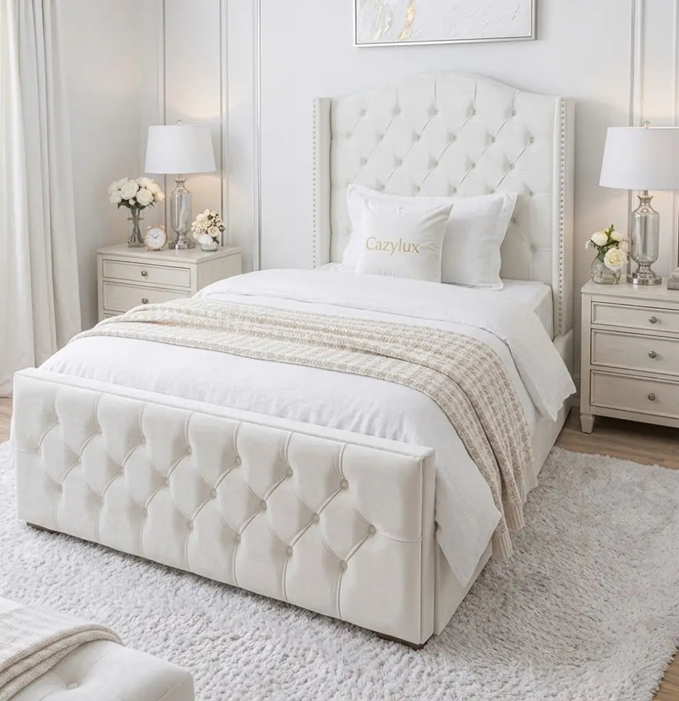 Monte Carlo Wing Bed – Luxury Wingback Upholstered Bed Frame | Single, Double, Queen & King Size | Premium Fabric Headboard & Elegant Bedroom Furniture