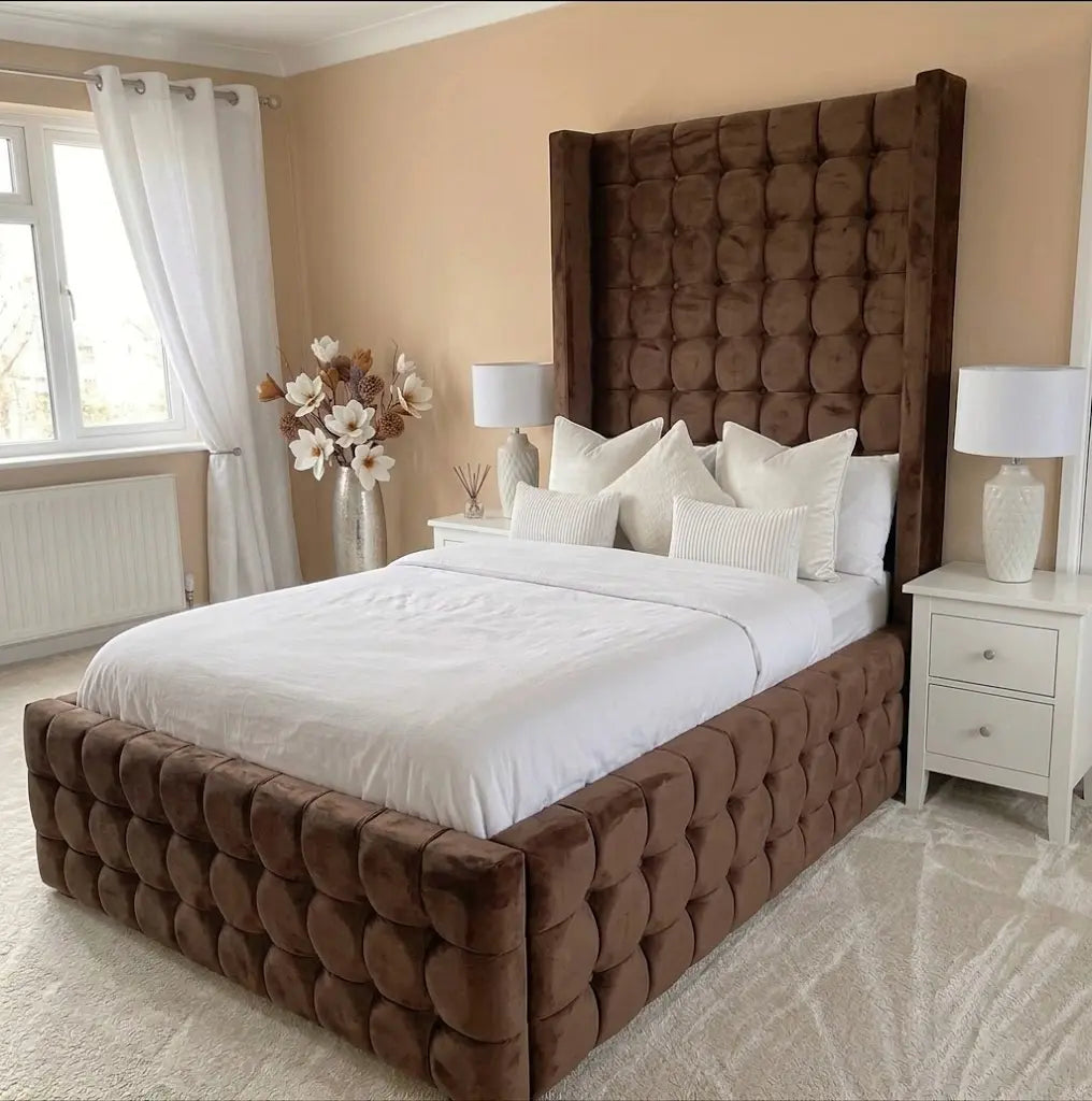 Qiub Napoli Bed Frame – Luxury Upholstered Bed | Single, Double, Queen & King Size | Premium Fabric Headboard & Modern Bedroom Furniture