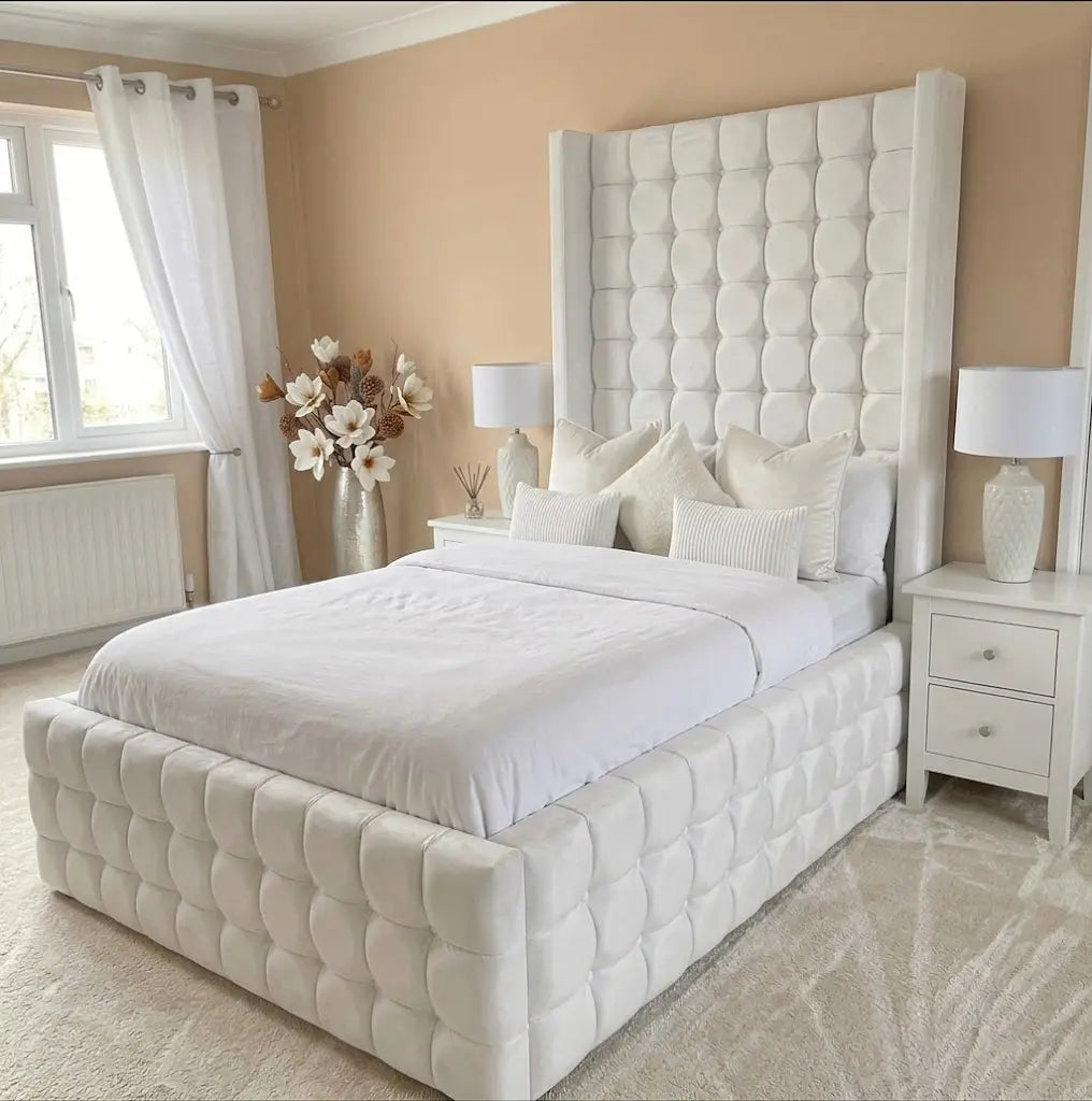 Qiub Napoli Bed Frame – Luxury Upholstered Bed | Single, Double, Queen & King Size | Premium Fabric Headboard & Modern Bedroom Furniture