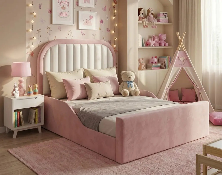 Round Kids Bed – Premium Upholstered Children’s Bed | Single, Double, Queen & King Size   | Soft Curved Design, Padded Headboard & Stylish Kids Bedroom Furniture