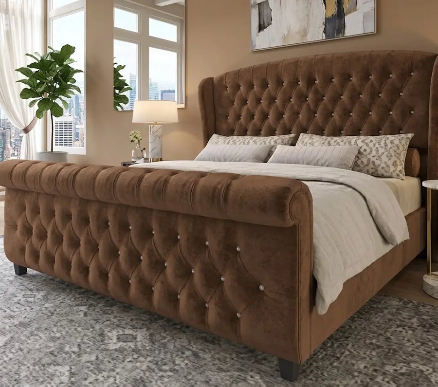 Sley Wing X1 Bed – Luxury Wingback Upholstered Bed Frame | Single, Double, Queen & King Size | Padded Fabric Headboard & Elegant Bedroom Furniture