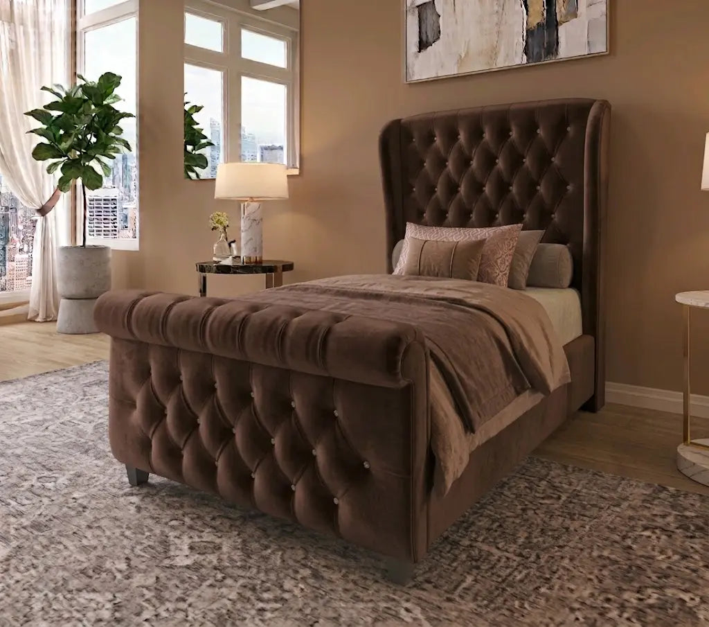 Sley Wing X1 Bed – Luxury Wingback Upholstered Bed Frame | Single, Double, Queen & King Size | Padded Fabric Headboard & Elegant Bedroom Furniture