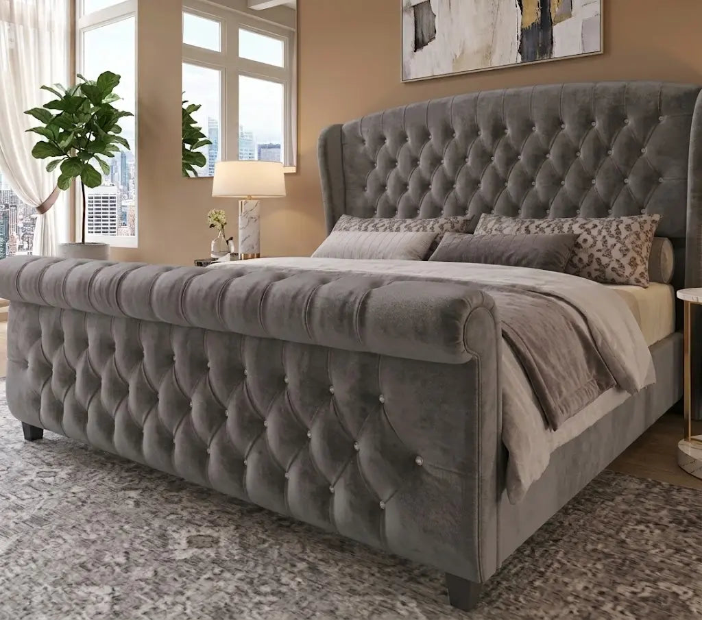 Sley Wing X1 Bed – Luxury Wingback Upholstered Bed Frame | Single, Double, Queen & King Size | Padded Fabric Headboard & Elegant Bedroom Furniture