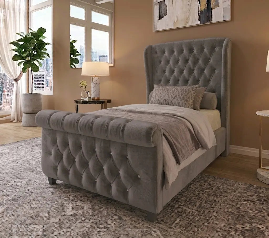 Sley Wing X1 Bed – Luxury Wingback Upholstered Bed Frame | Single, Double, Queen & King Size | Padded Fabric Headboard & Elegant Bedroom Furniture