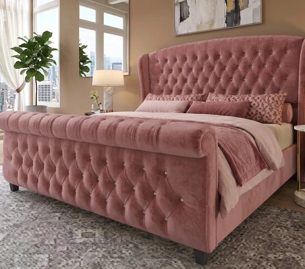 Sley Wing X1 Bed – Luxury Wingback Upholstered Bed Frame | Single, Double, Queen & King Size | Padded Fabric Headboard & Elegant Bedroom Furniture