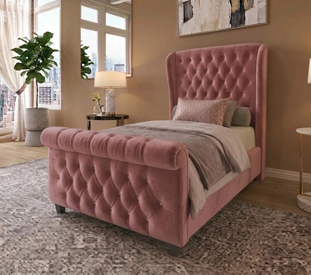 Sley Wing X1 Bed – Luxury Wingback Upholstered Bed Frame | Single, Double, Queen & King Size | Padded Fabric Headboard & Elegant Bedroom Furniture