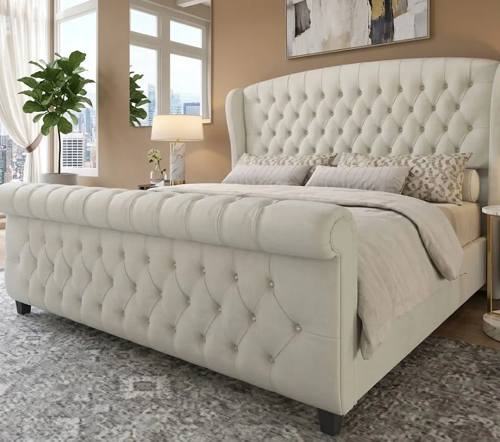 Sley Wing X1 Bed – Luxury Wingback Upholstered Bed Frame | Single, Double, Queen & King Size | Padded Fabric Headboard & Elegant Bedroom Furniture