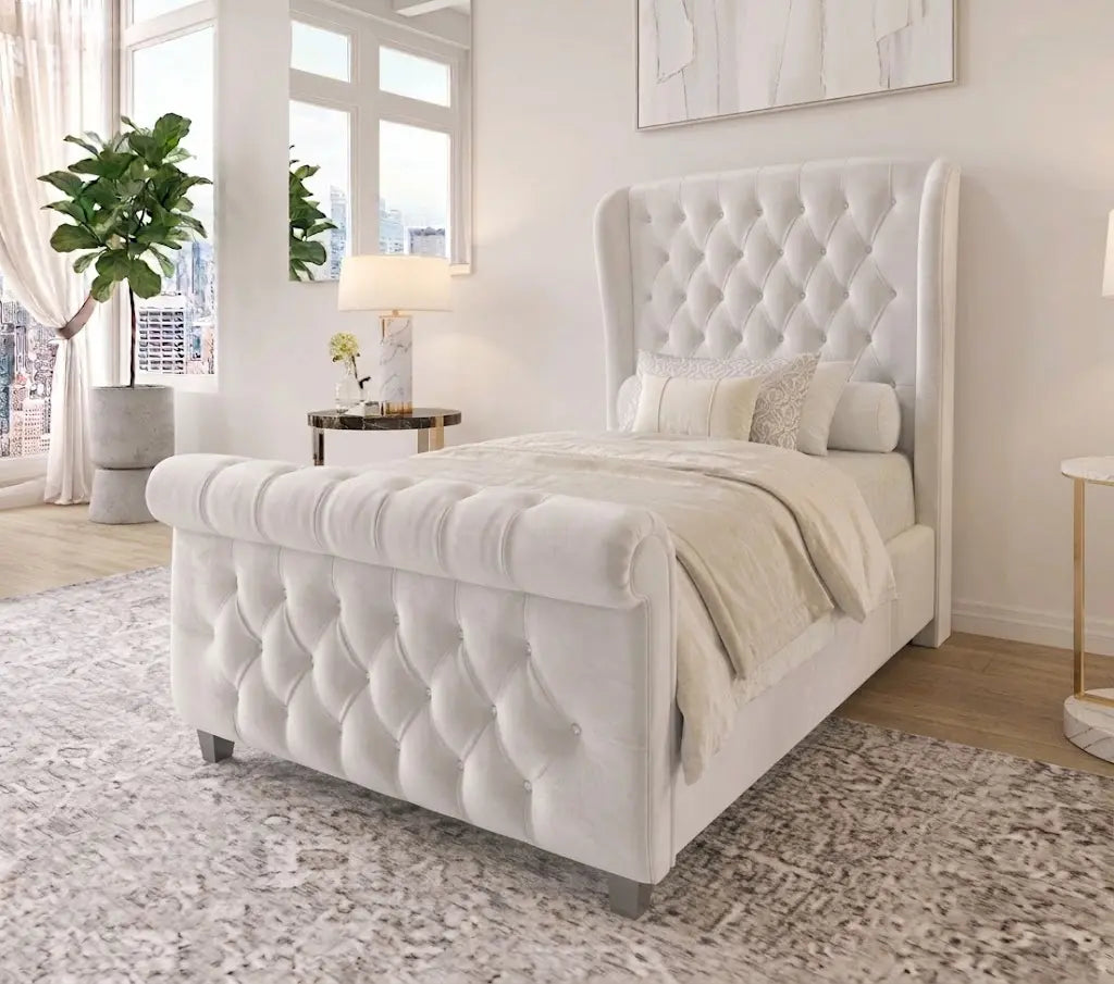 Sley Wing X1 Bed – Luxury Wingback Upholstered Bed Frame | Single, Double, Queen & King Size | Padded Fabric Headboard & Elegant Bedroom Furniture