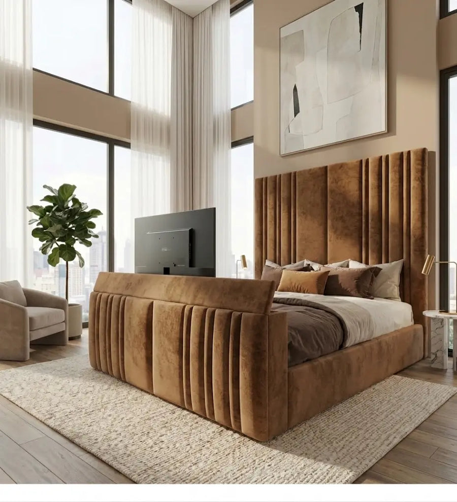 Manhattan TV Bed Frame – Luxury Upholstered TV Bed | Single, Double, Queen & King Size | Modern Entertainment Bed with Built-In TV Feature