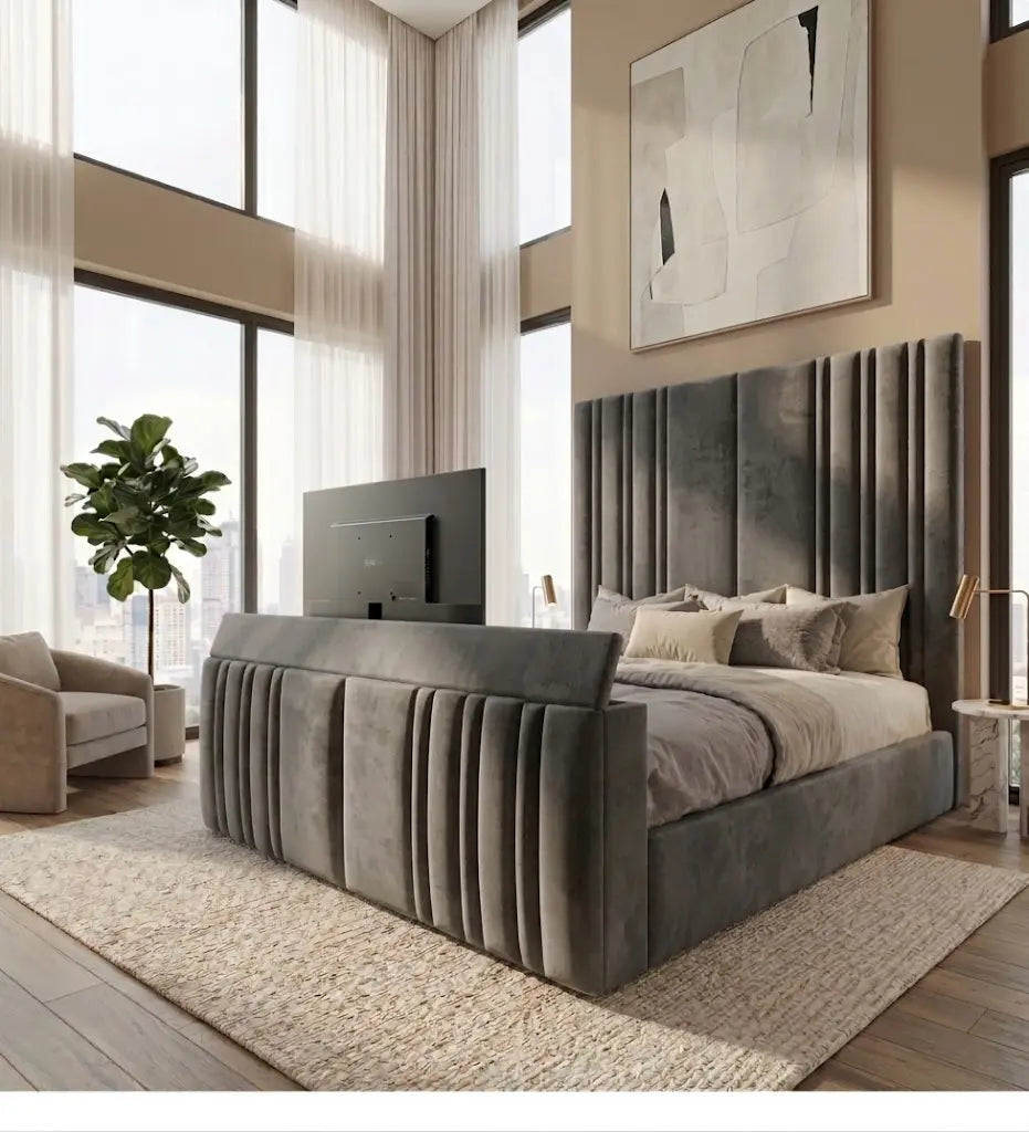 Manhattan TV Bed Frame – Luxury Upholstered TV Bed | Single, Double, Queen & King Size | Modern Entertainment Bed with Built-In TV Feature