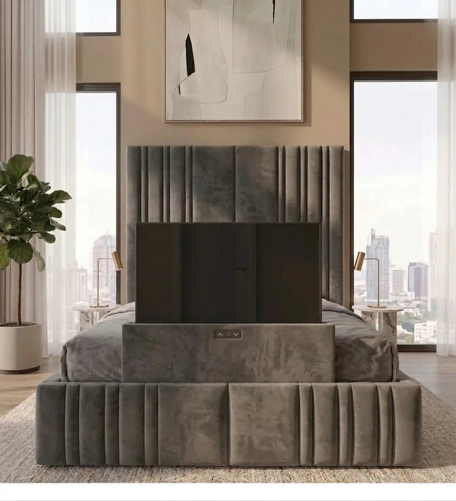 Manhattan TV Bed Frame – Luxury Upholstered TV Bed | Single, Double, Queen & King Size | Modern Entertainment Bed with Built-In TV Feature