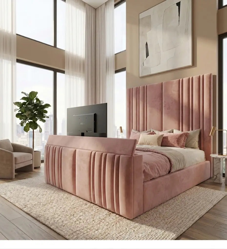 Manhattan TV Bed Frame – Luxury Upholstered TV Bed | Single, Double, Queen & King Size | Modern Entertainment Bed with Built-In TV Feature