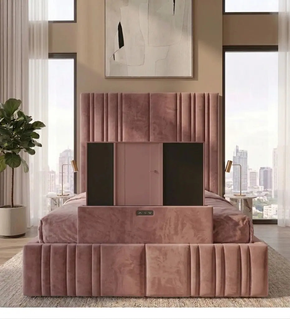 Manhattan TV Bed Frame – Luxury Upholstered TV Bed | Single, Double, Queen & King Size | Modern Entertainment Bed with Built-In TV Feature