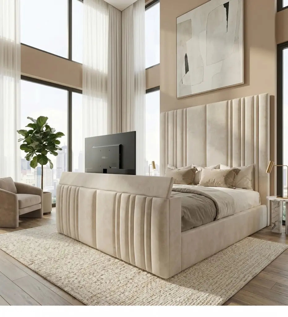 Manhattan TV Bed Frame – Luxury Upholstered TV Bed | Single, Double, Queen & King Size | Modern Entertainment Bed with Built-In TV Feature