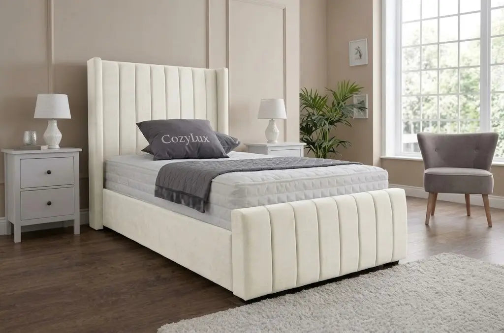 Valentino Thick Panel Bed – Luxury Padded Fabric Bed | Single, Double, Queen & King Size | Modern Statement Headboard