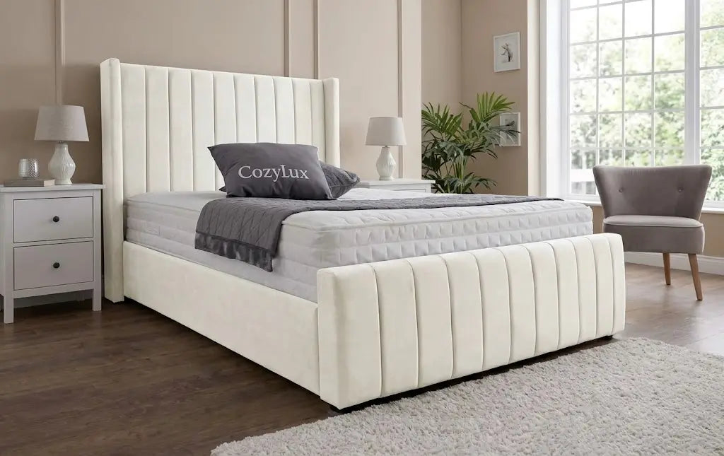 Valentino Thick Panel Bed – Luxury Padded Fabric Bed | Single, Double, Queen & King Size | Modern Statement Headboard